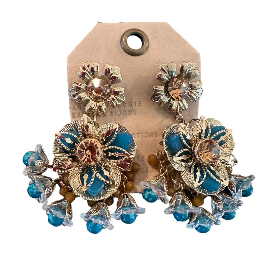 Anthropologie Gold & Teal Floral Drop Earrings